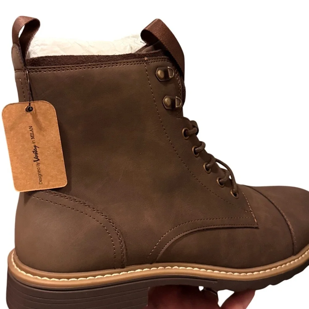 Vostey Milan Men's Dark Brown Synthetic Leather Lace Up Cap Toe Boots 11.5 NEW